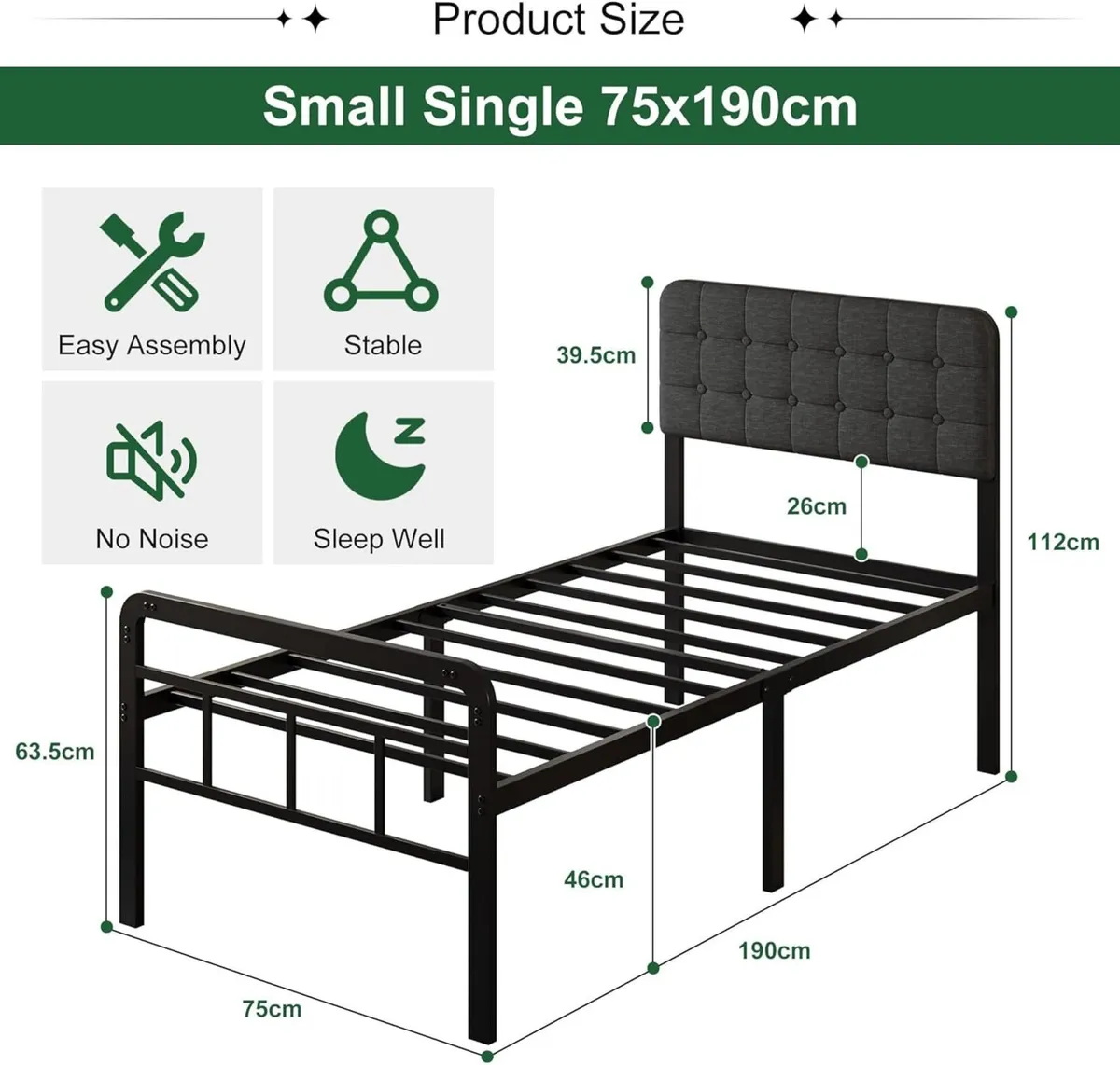 46 cm High Small Single Bed Frame with Upholstered - Image 2