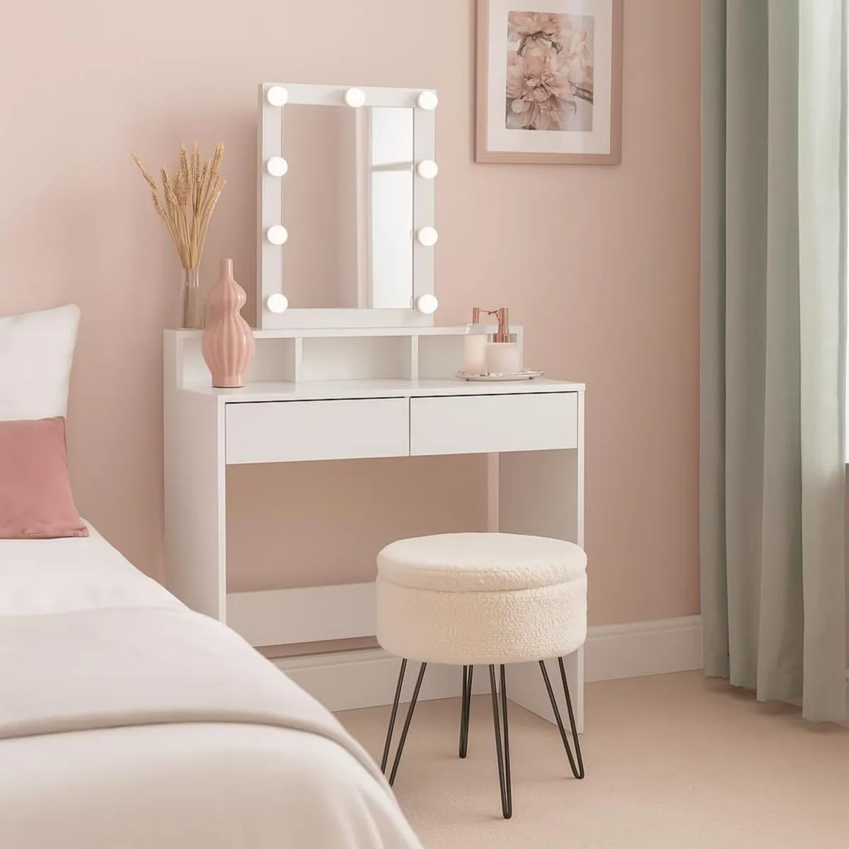 Wooden Dressing Table Set with LED Lights Cream - Image 2