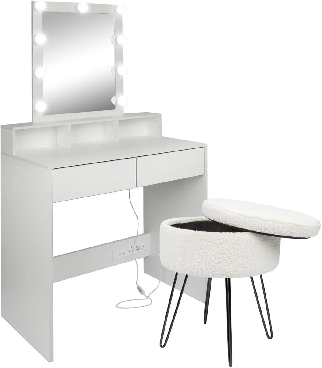 Wooden Dressing Table Set with LED Lights Cream - Image 1