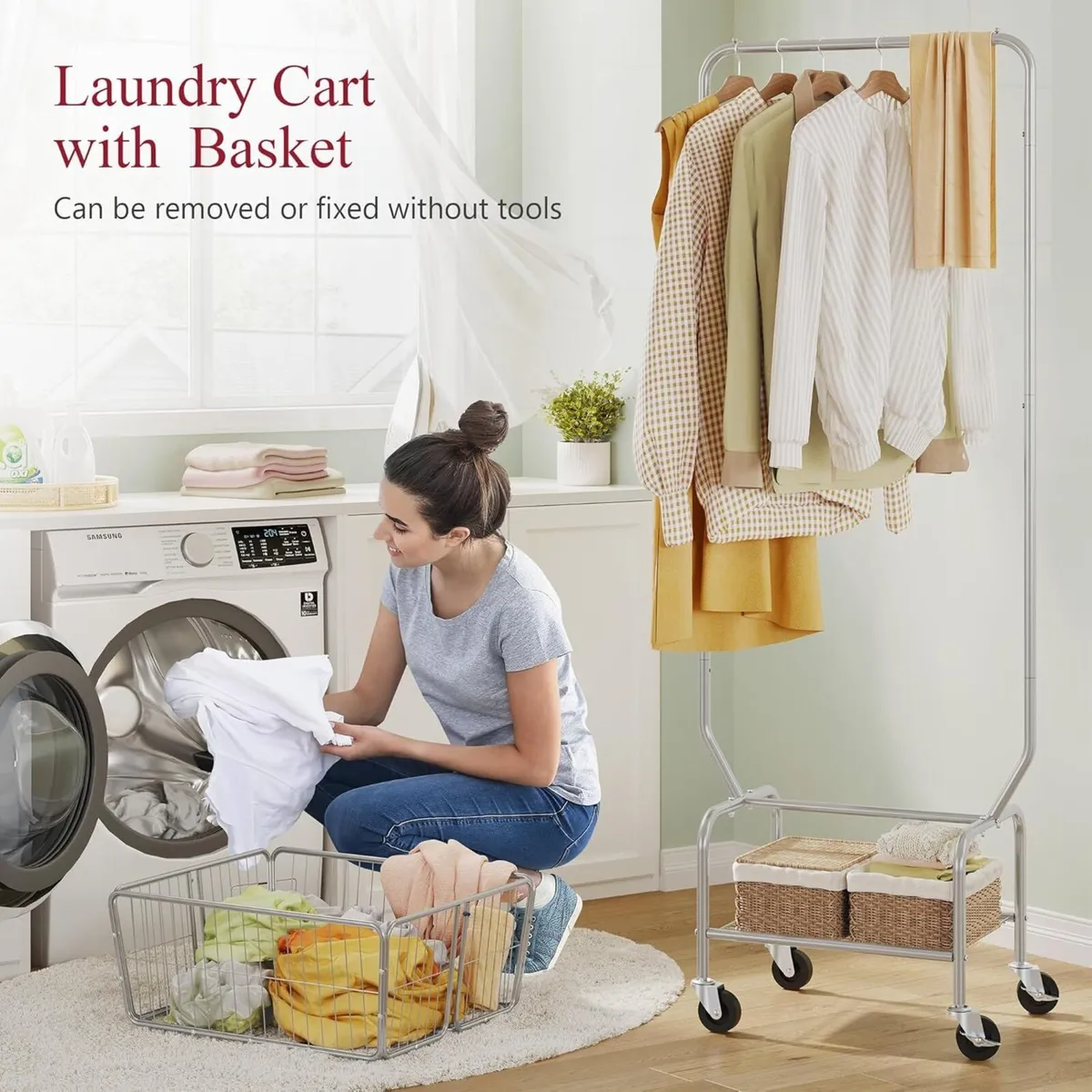 Laundry Cart with Clothes Rack Hamper Storage - Image 4