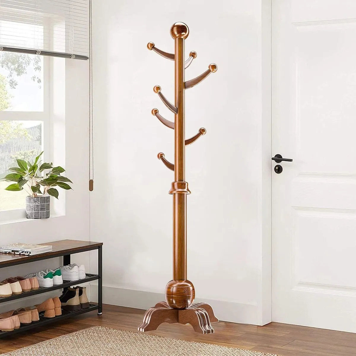 Coat Rack Stand with 4-Legged Base Wooden Tree - Image 2