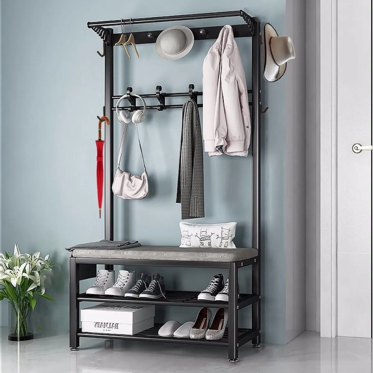 Entryway Coat Rack with Shoe Bench and 14 Hooks - Image 1