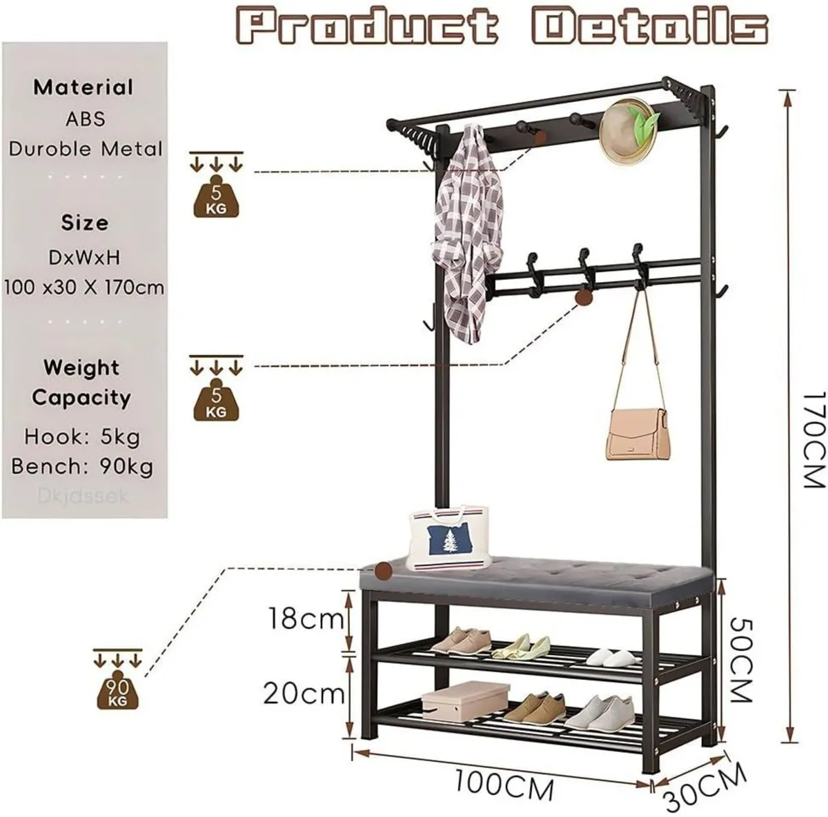 Entryway Coat Rack with Shoe Bench and 14 Hooks - Image 2