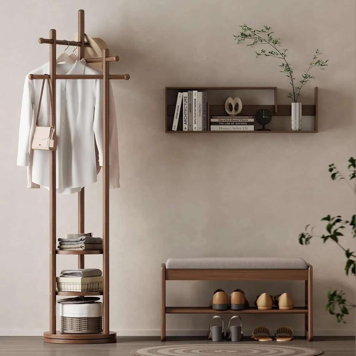 Coat Stand Woodem Rack with 3 Storage Shelves - Image 1
