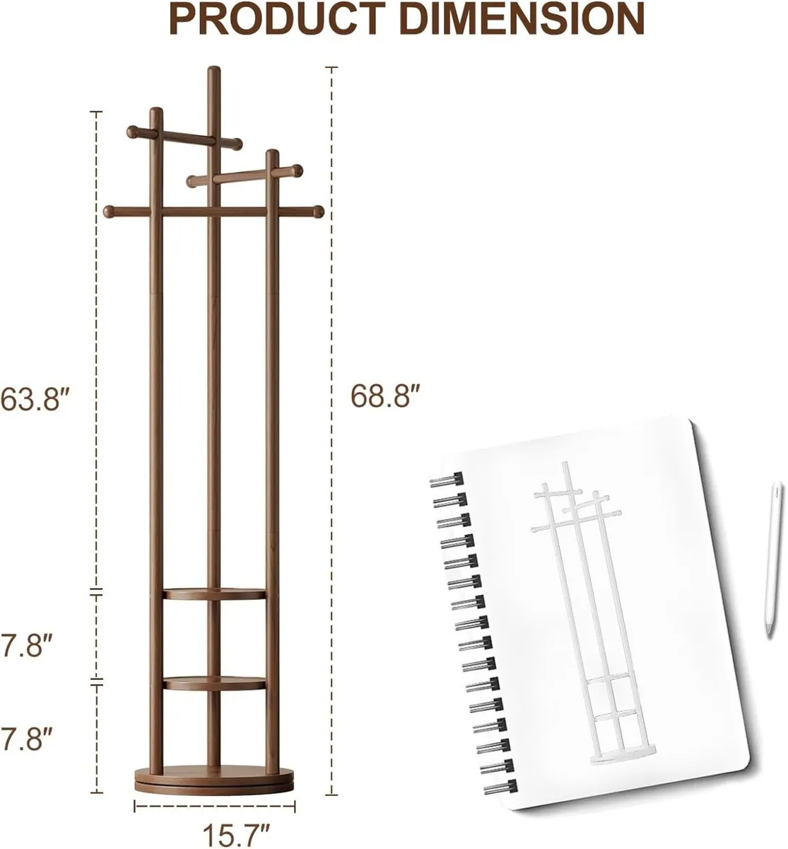 Coat Stand Woodem Rack with 3 Storage Shelves - Image 2