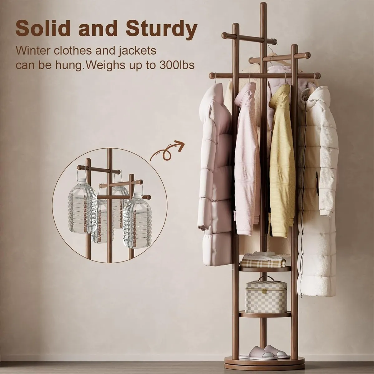 Coat Stand Woodem Rack with 3 Storage Shelves - Image 3