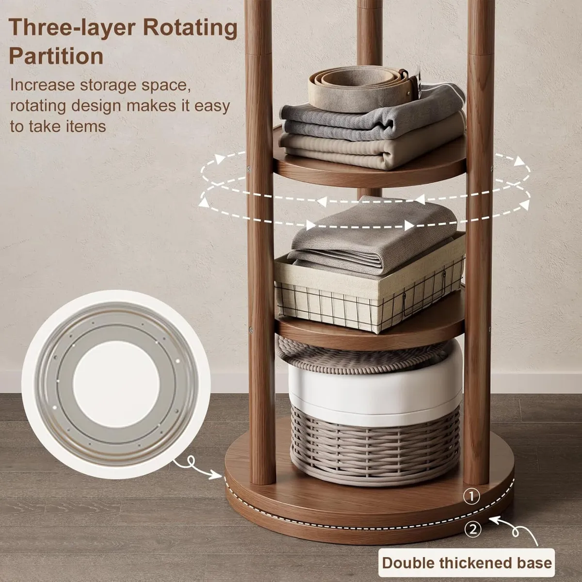 Coat Stand Woodem Rack with 3 Storage Shelves - Image 4