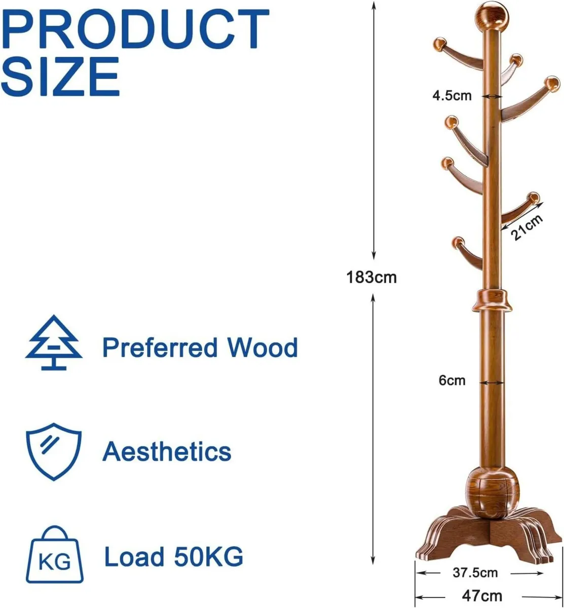 Solid Wood Coat Stand 183cm Freestanding Hall - Image 3