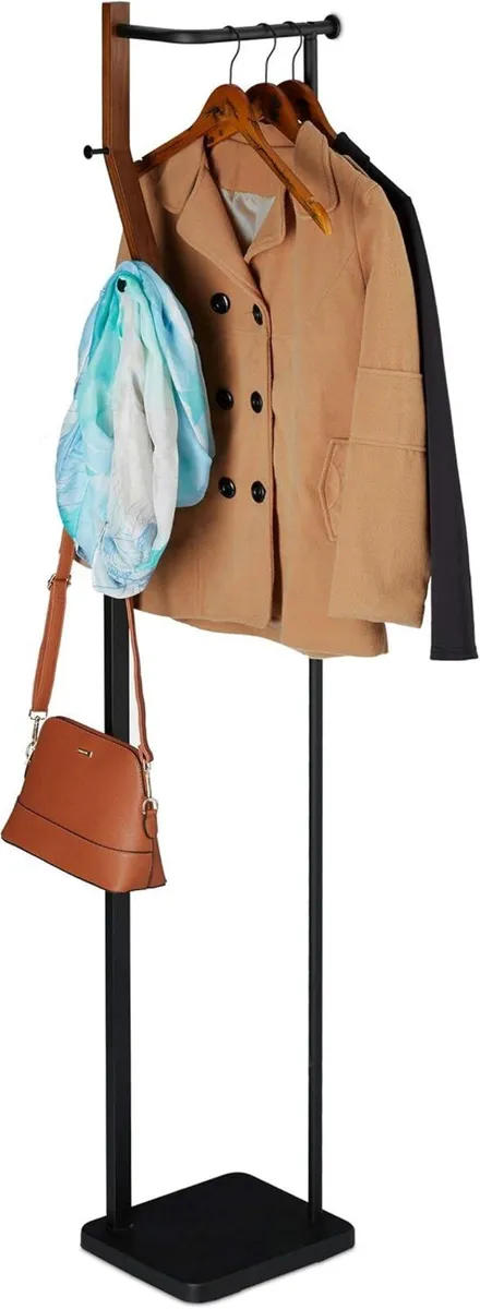 Coat Stand Metal Wood Modern 3 Hooks Clothes Rail - Image 1