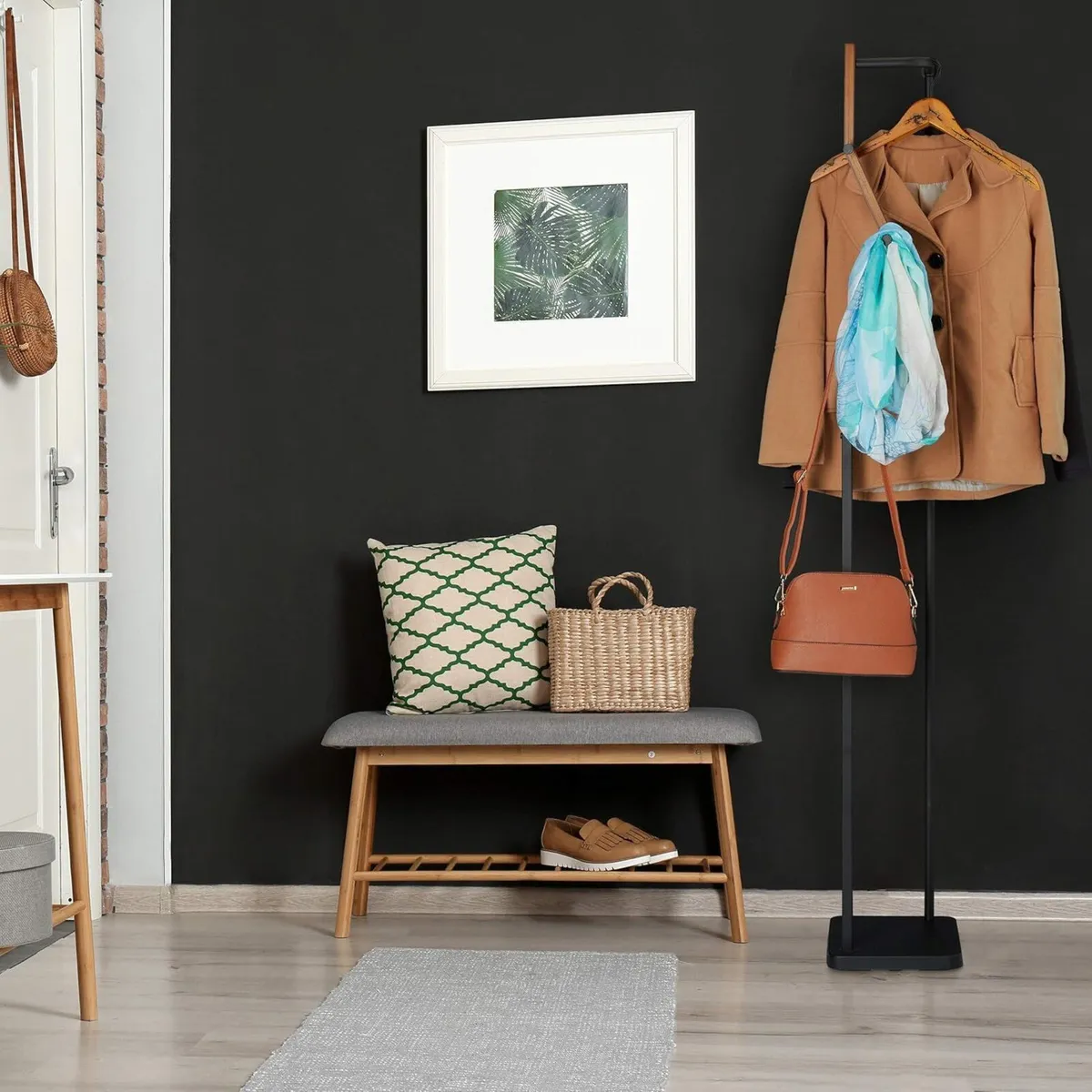 Coat Stand Metal Wood Modern 3 Hooks Clothes Rail - Image 2