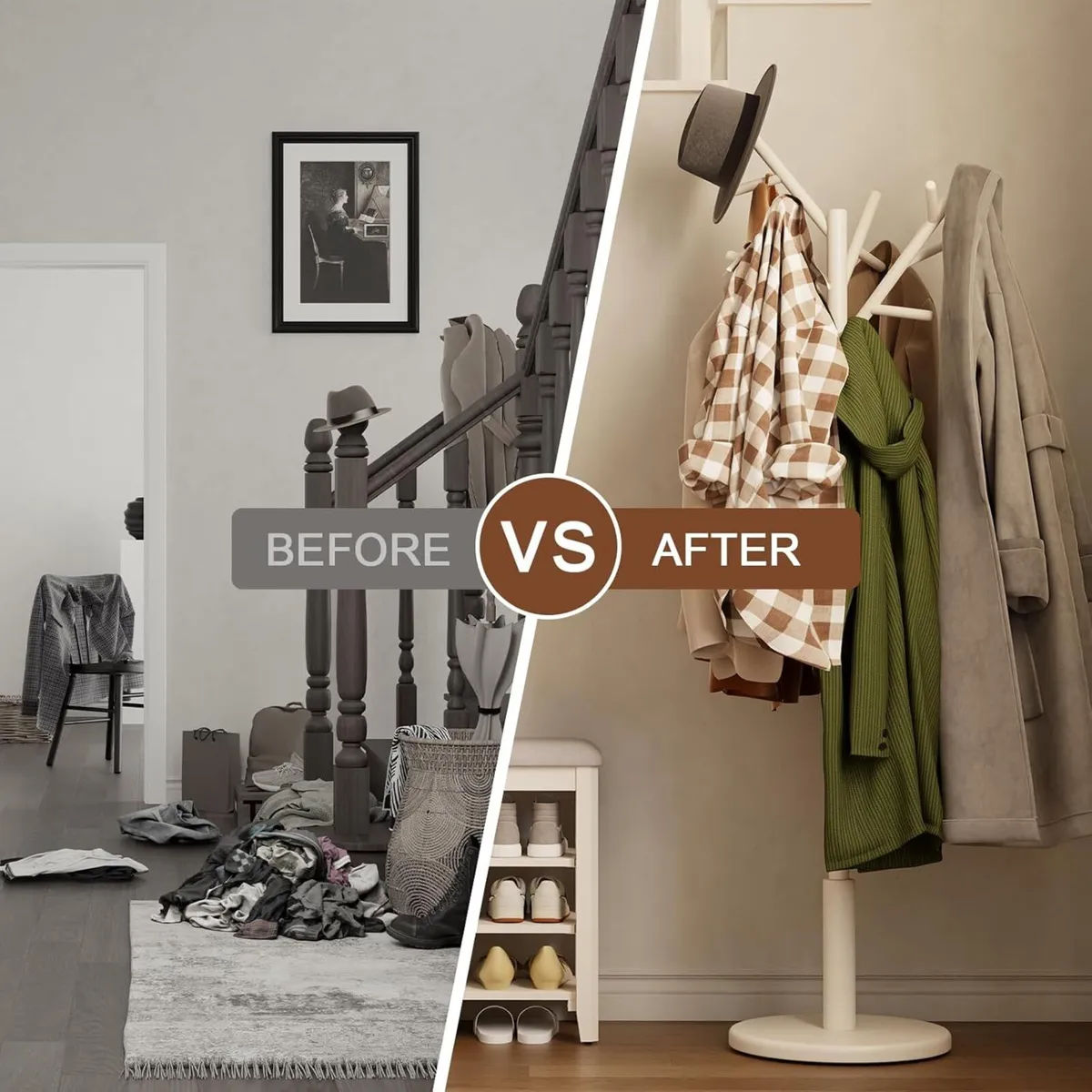 Coat Stand Wooden Rack Freestanding with 12 Hooks - Image 3