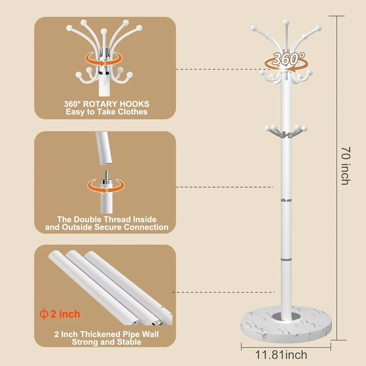 Metal Coat Rack Stand with Natural Marble Base - Image 2