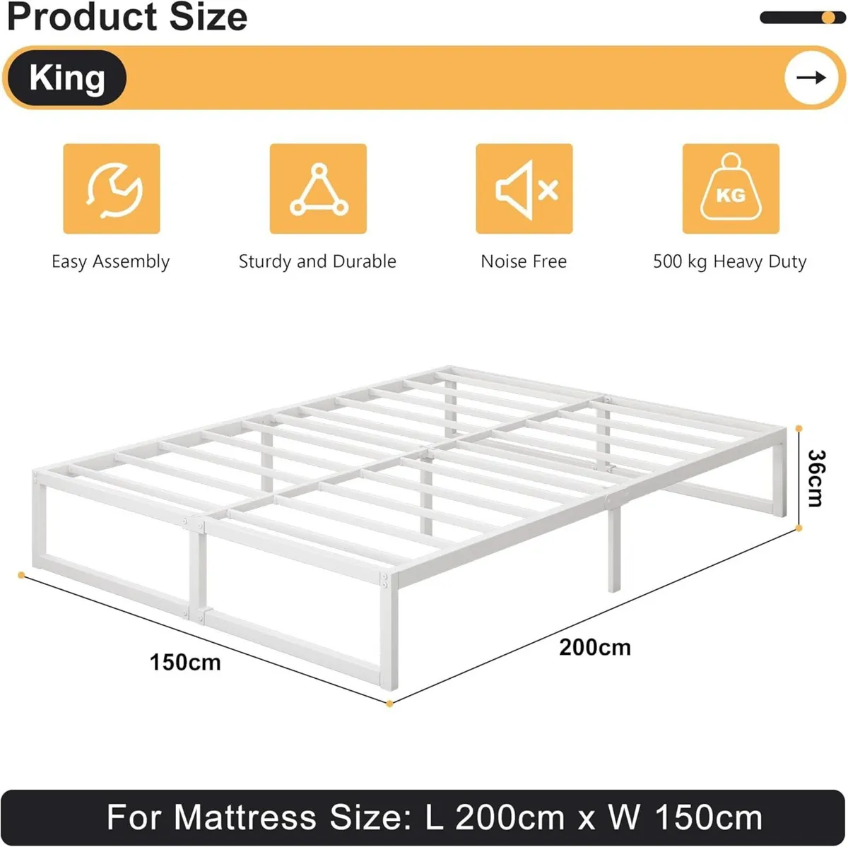 King Size Bed Frame 150x200 cm Metal Platform - Image 2