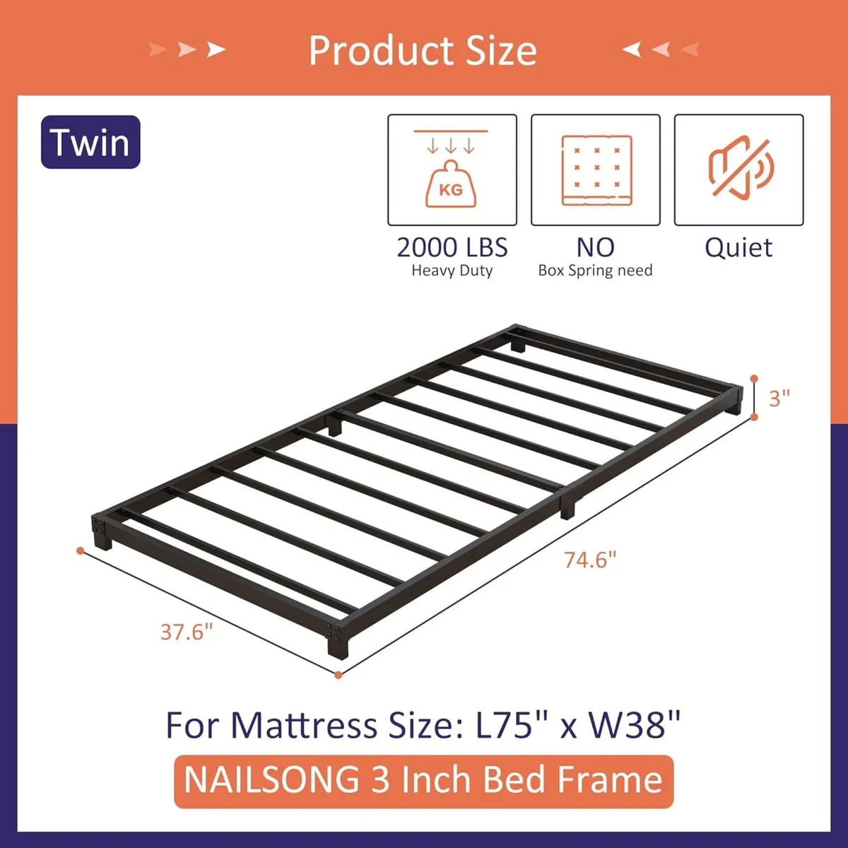 3 Inch Twin Bed Frames Low Profile Single - Image 2