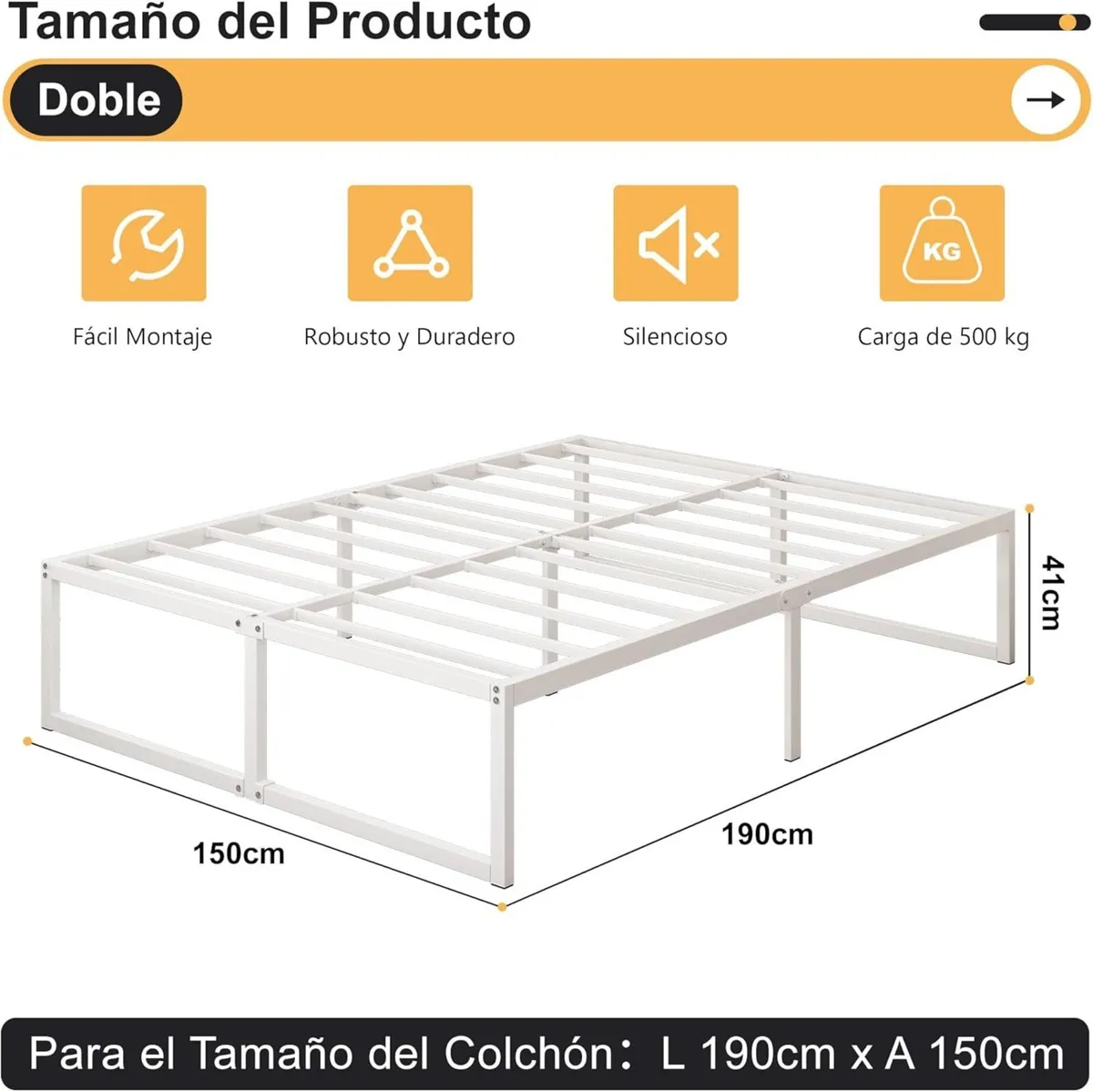 Doubl Bed Frame 150x190 cm Metal Platform with - Image 2
