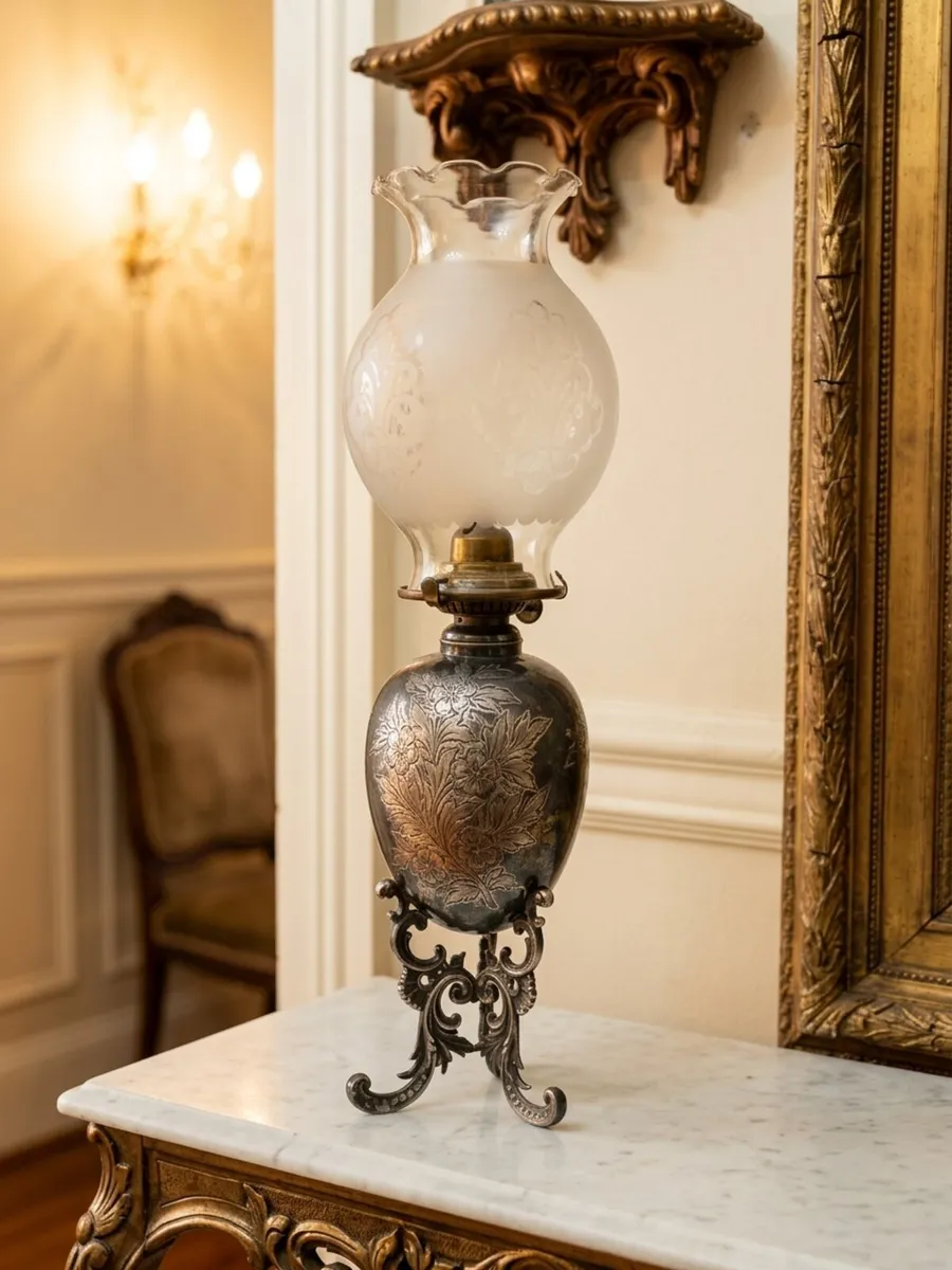 Antique silvered oil lamp - Image 1