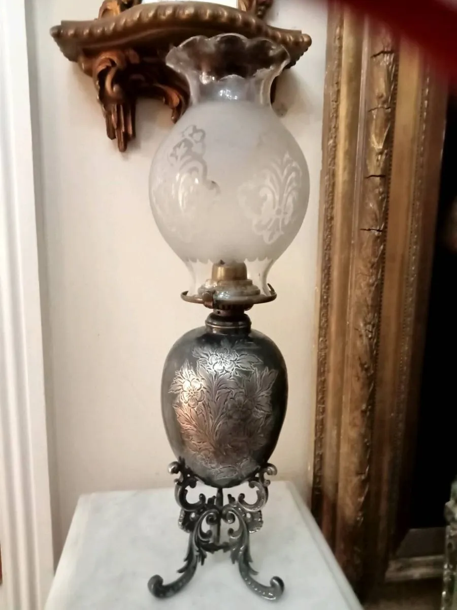 Antique silvered oil lamp - Image 3