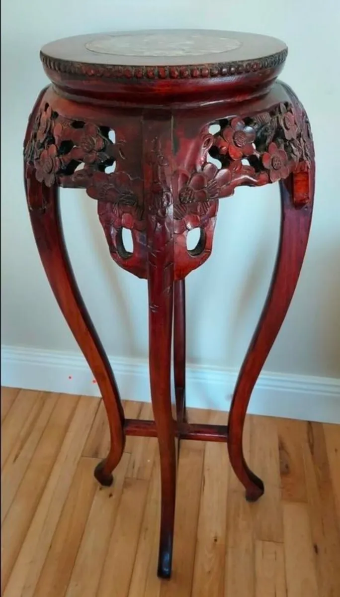 Vintage Asian marble inlaid carved plant stand - Image 3