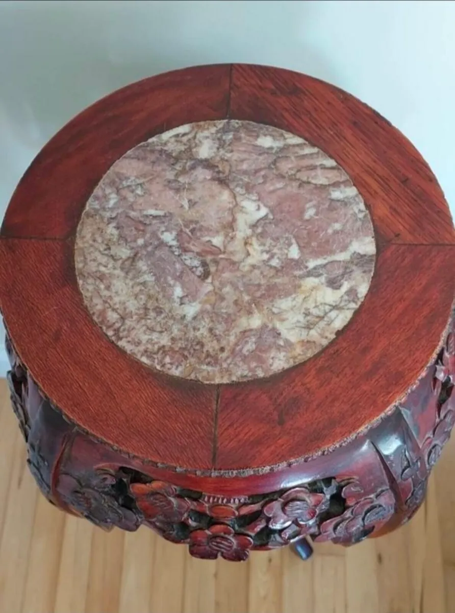 Vintage Asian marble inlaid carved plant stand - Image 4