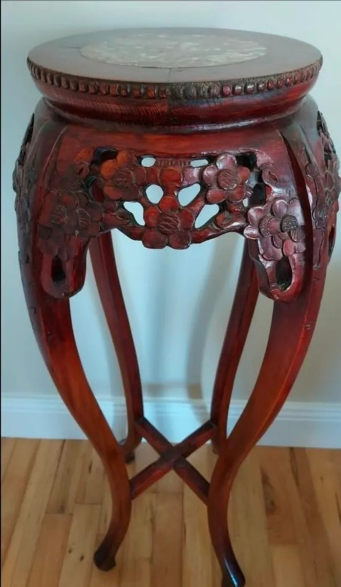 Vintage Asian marble inlaid carved plant stand - Image 1