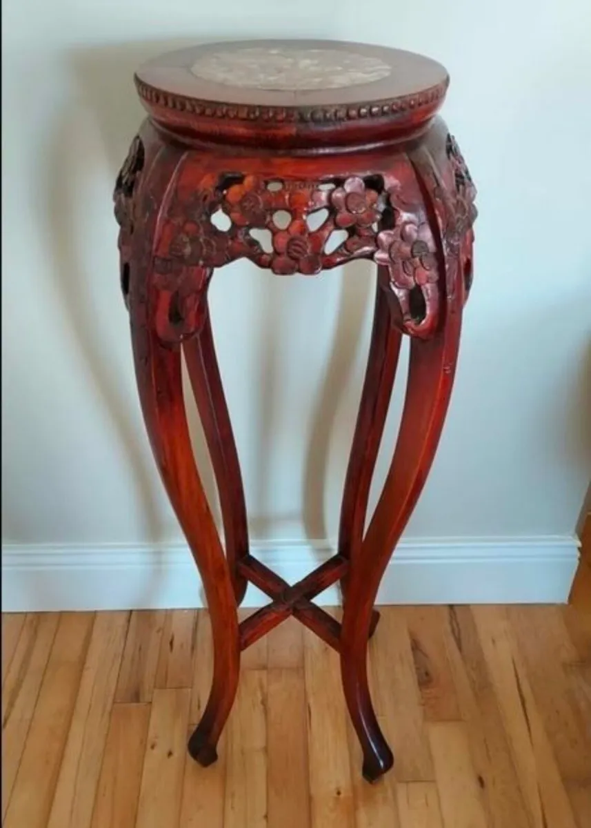 Vintage Asian marble inlaid carved plant stand - Image 2