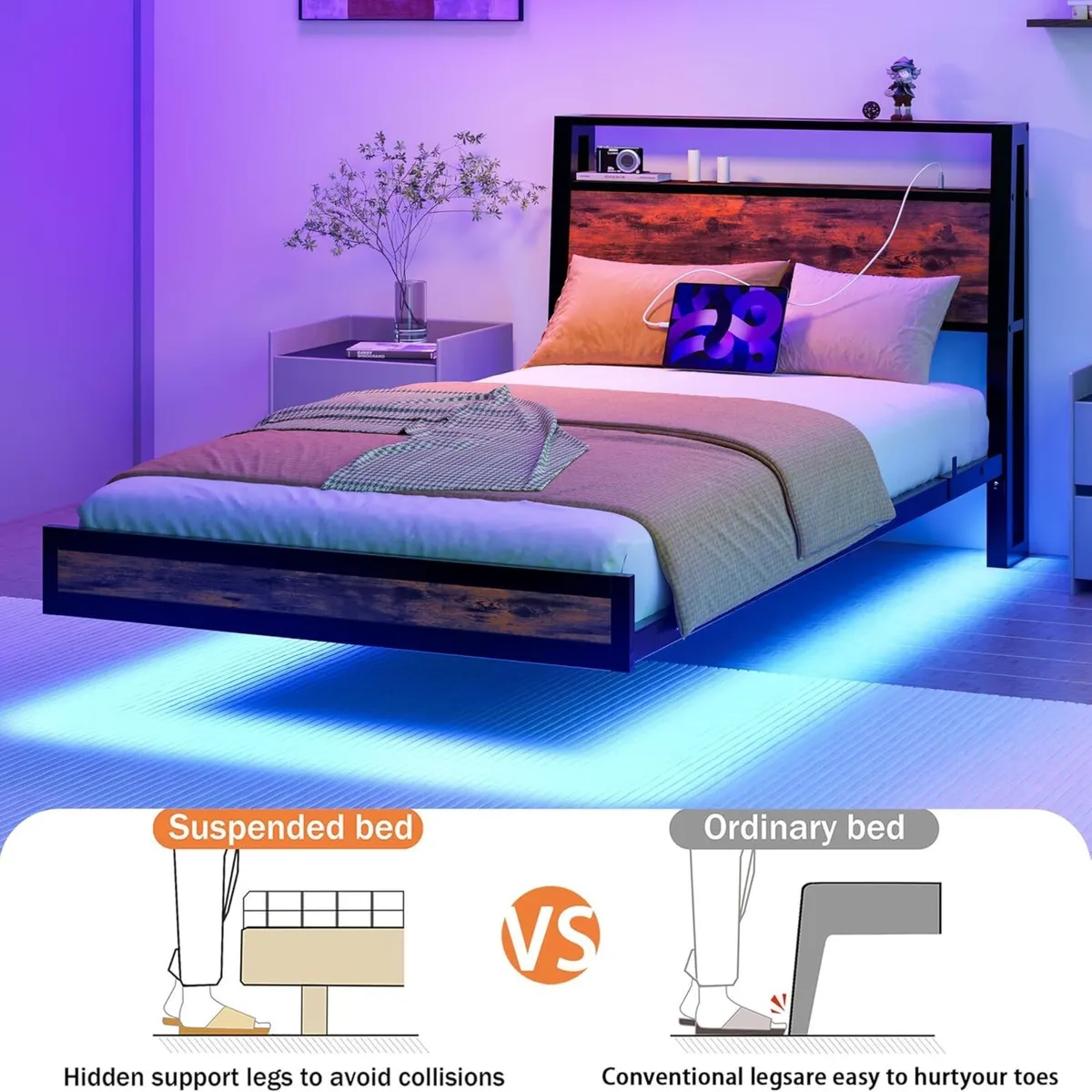 Floating Single Bed Frame with Charging Station - Image 3