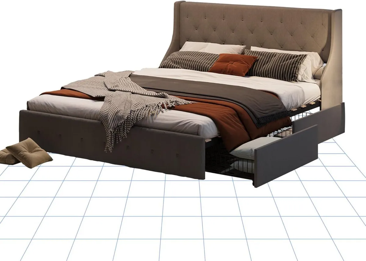 Double Bed Frame Upholstered Platform 4 Drawers - Image 1