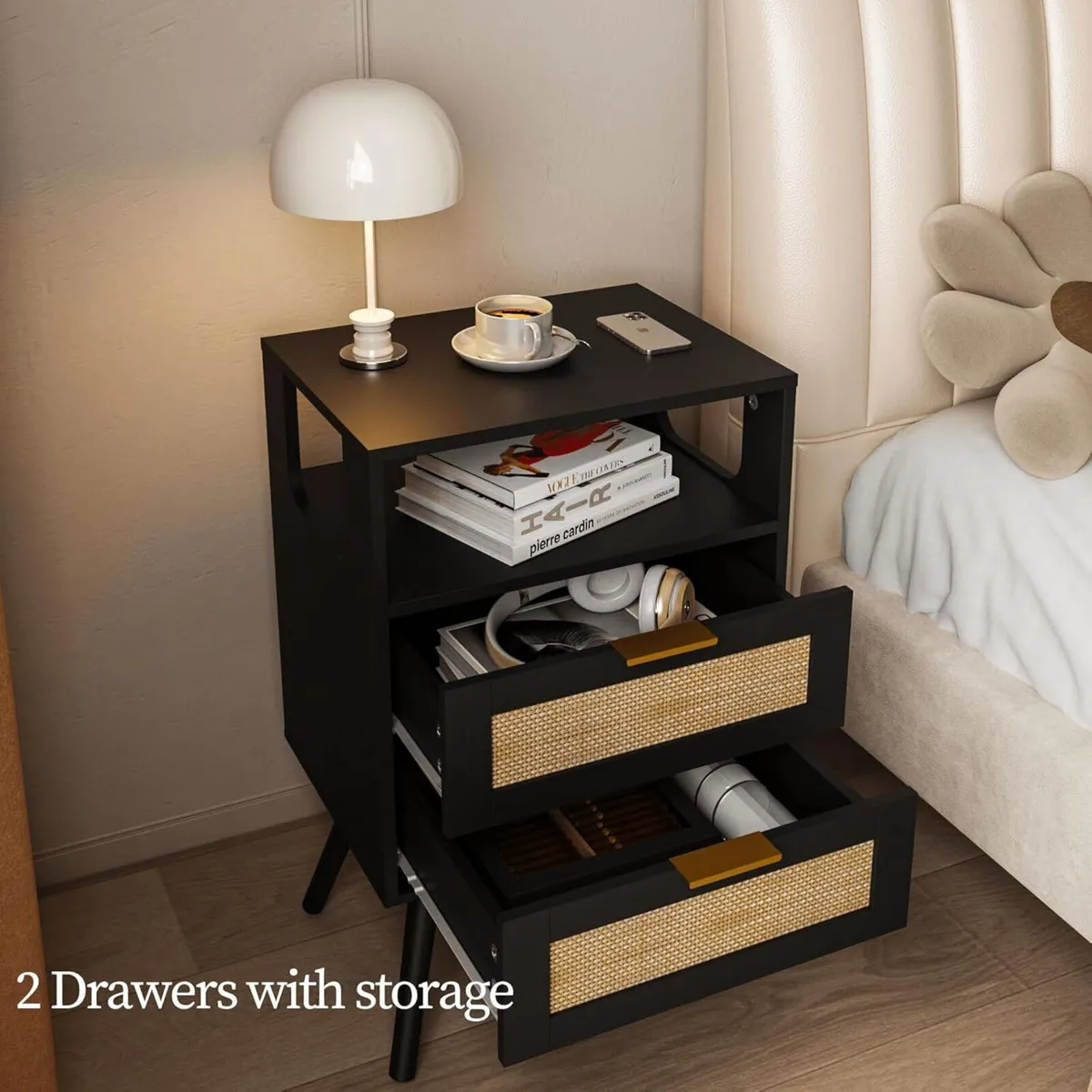 Rattan Bedside Table Farmhouse Nightstand with 2 - Image 3