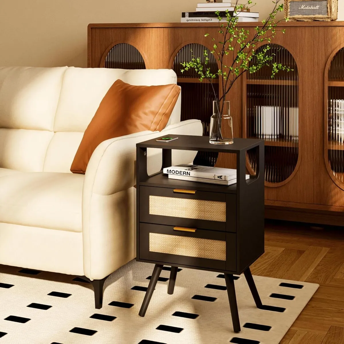 Rattan Bedside Table Farmhouse Nightstand with 2 - Image 4