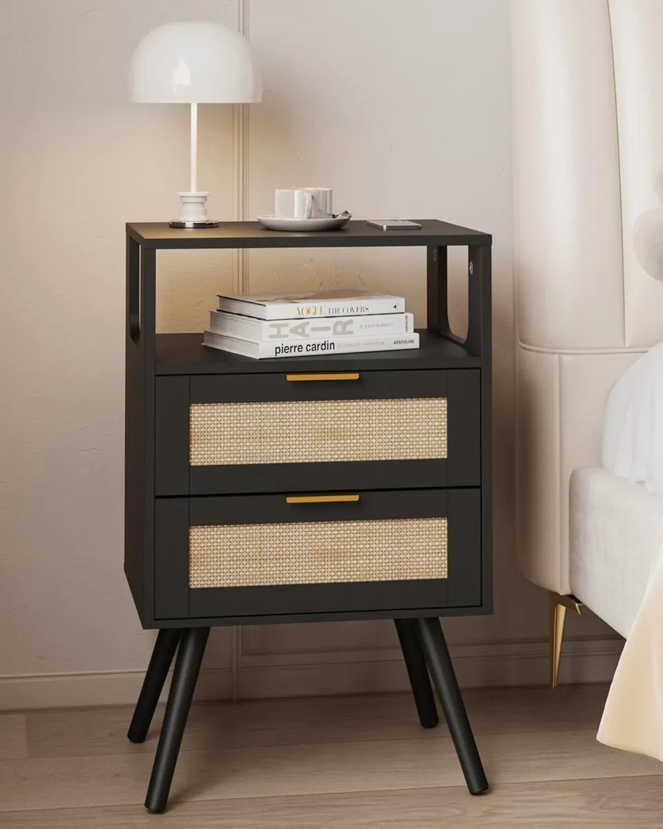 Rattan Bedside Table Farmhouse Nightstand with 2 - Image 1