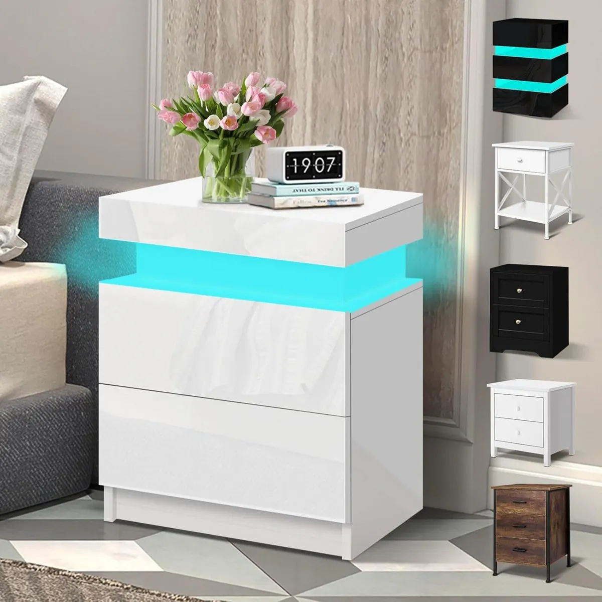 LED Bedside Table with 2 Drawers and 1 Top Drawer - Image 1
