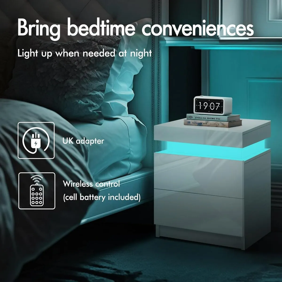 LED Bedside Table with 2 Drawers and 1 Top Drawer - Image 3