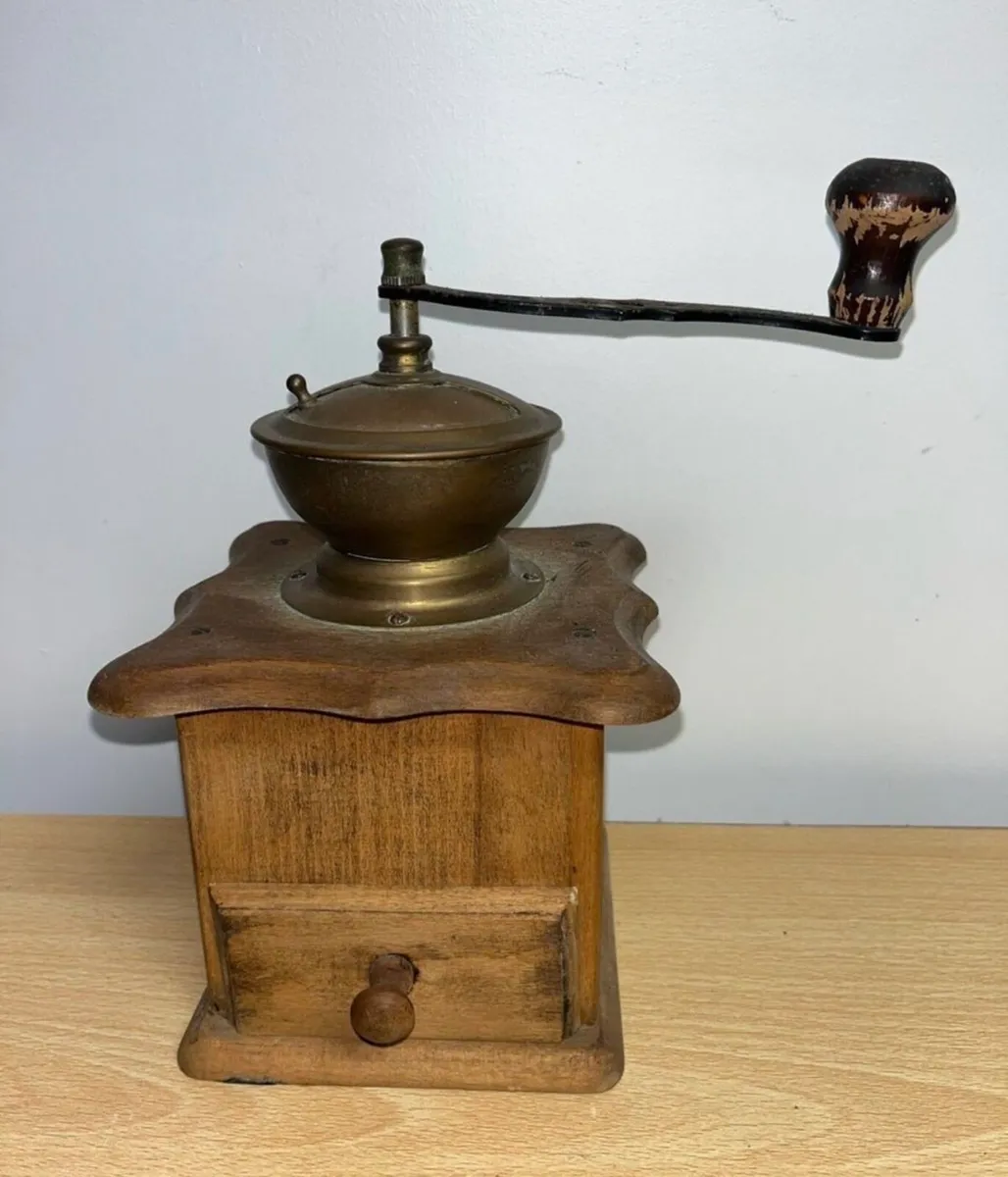 Vintage brass and wooden coffee grinder - Image 1