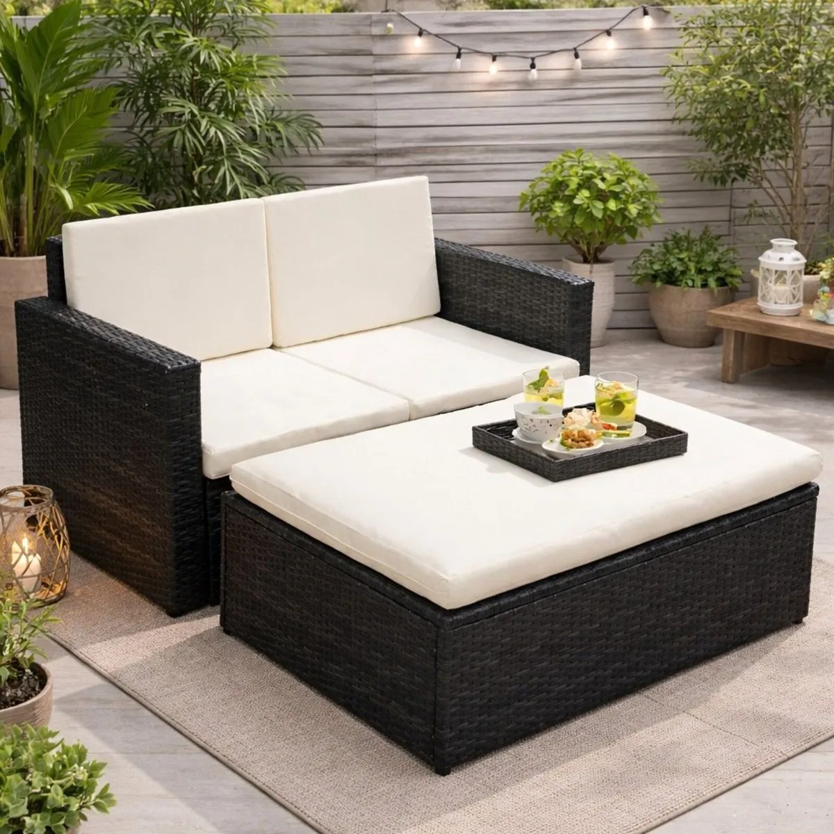 Rattan Garden Sofa Set with Stool and Cushions - Image 1