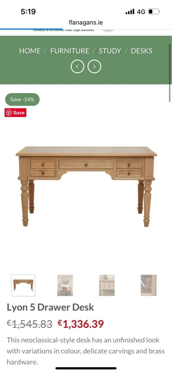 Solid oak desk with marble inset top - Image 1