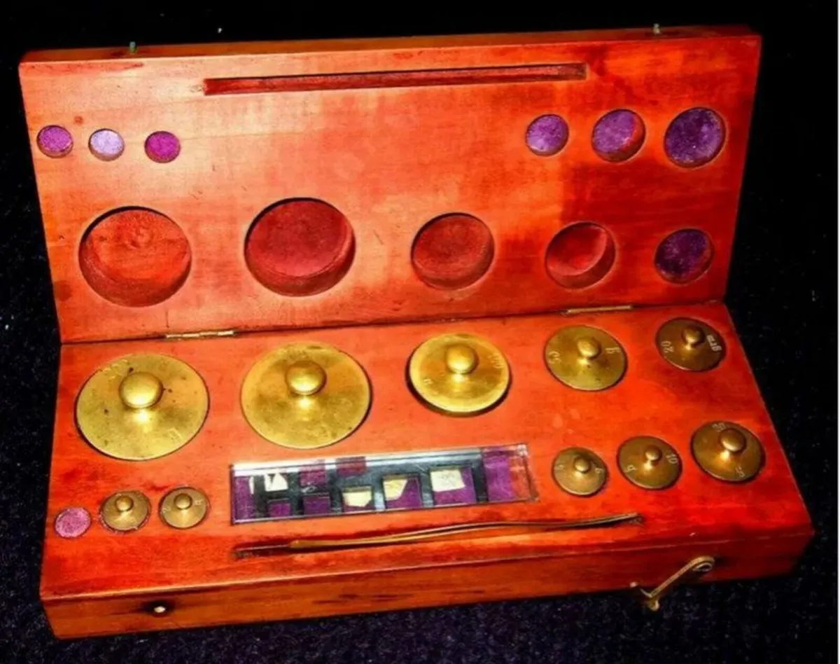 Vintage Apothecary Brass Weights In Wooden Case - Image 1