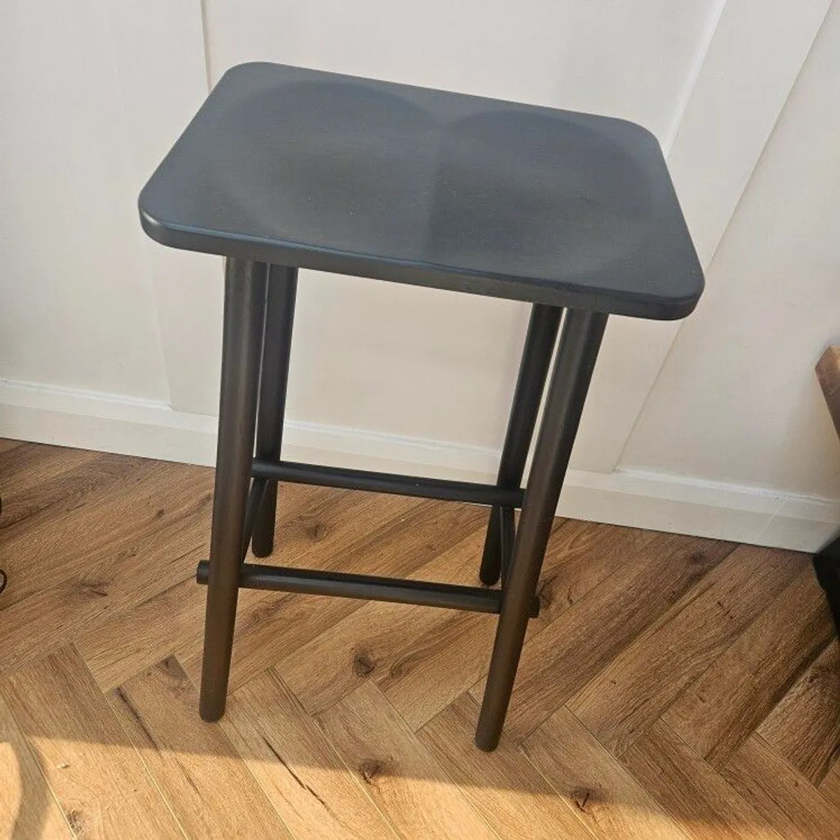 Black Bar stools x 3. black wood. rrp 150 euro each. slight damage on one leg as per image. could be prepared - Image 1