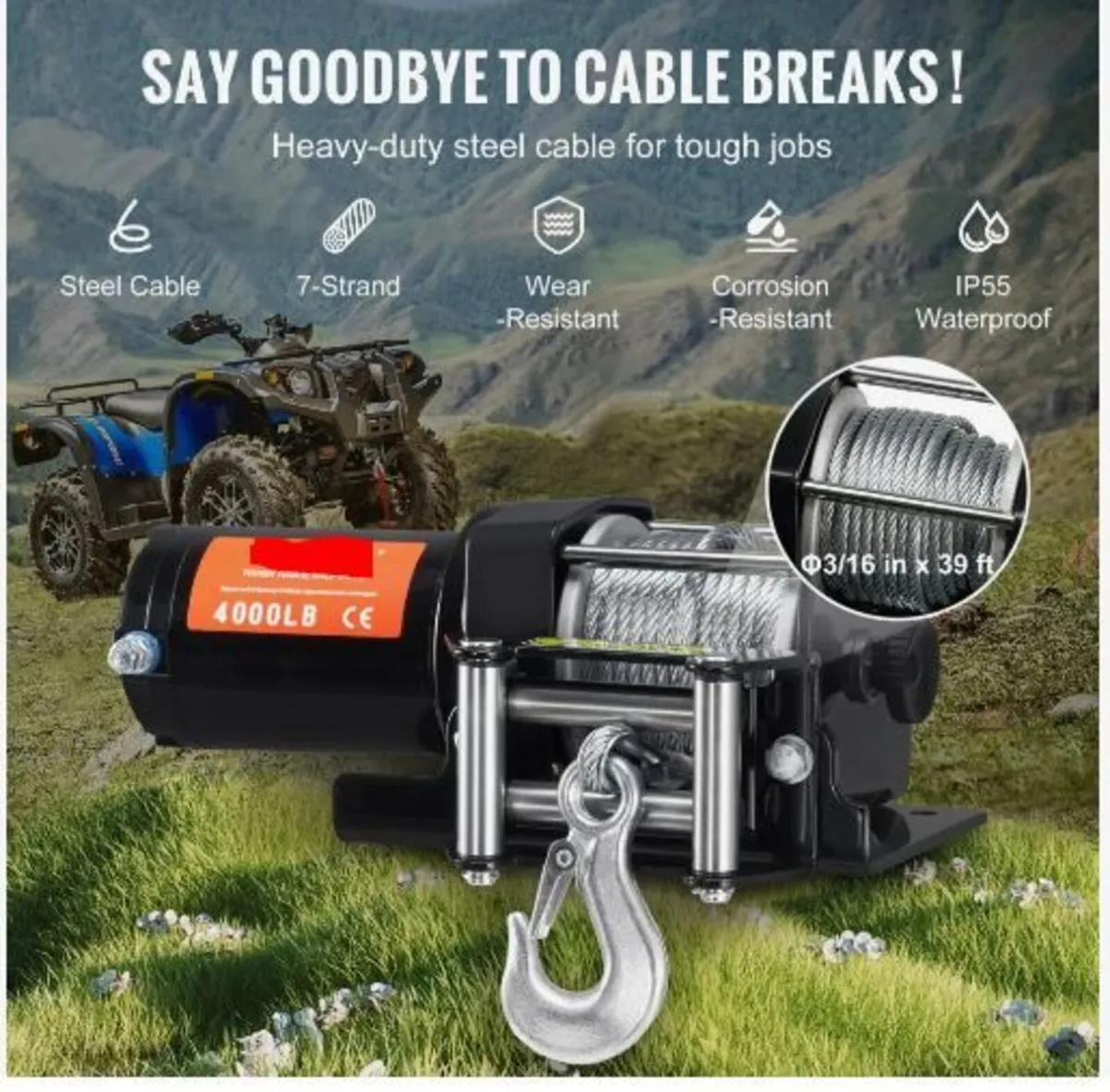 Electric Winch ATV UTV 1814.4 kg Steel Cable - Image 4
