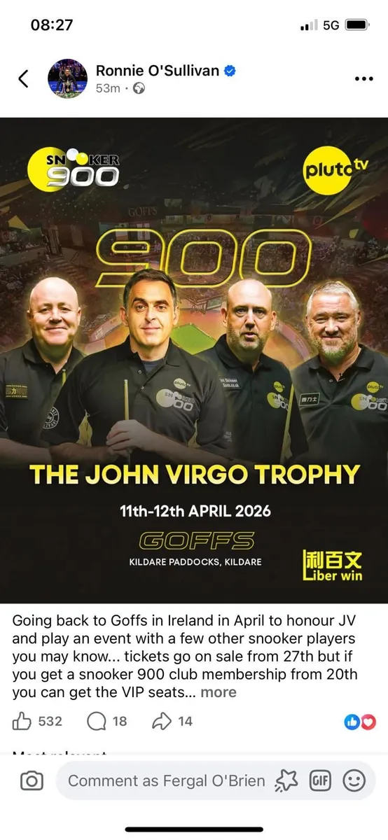 3x Vip Tickets Snooker900 Goffs