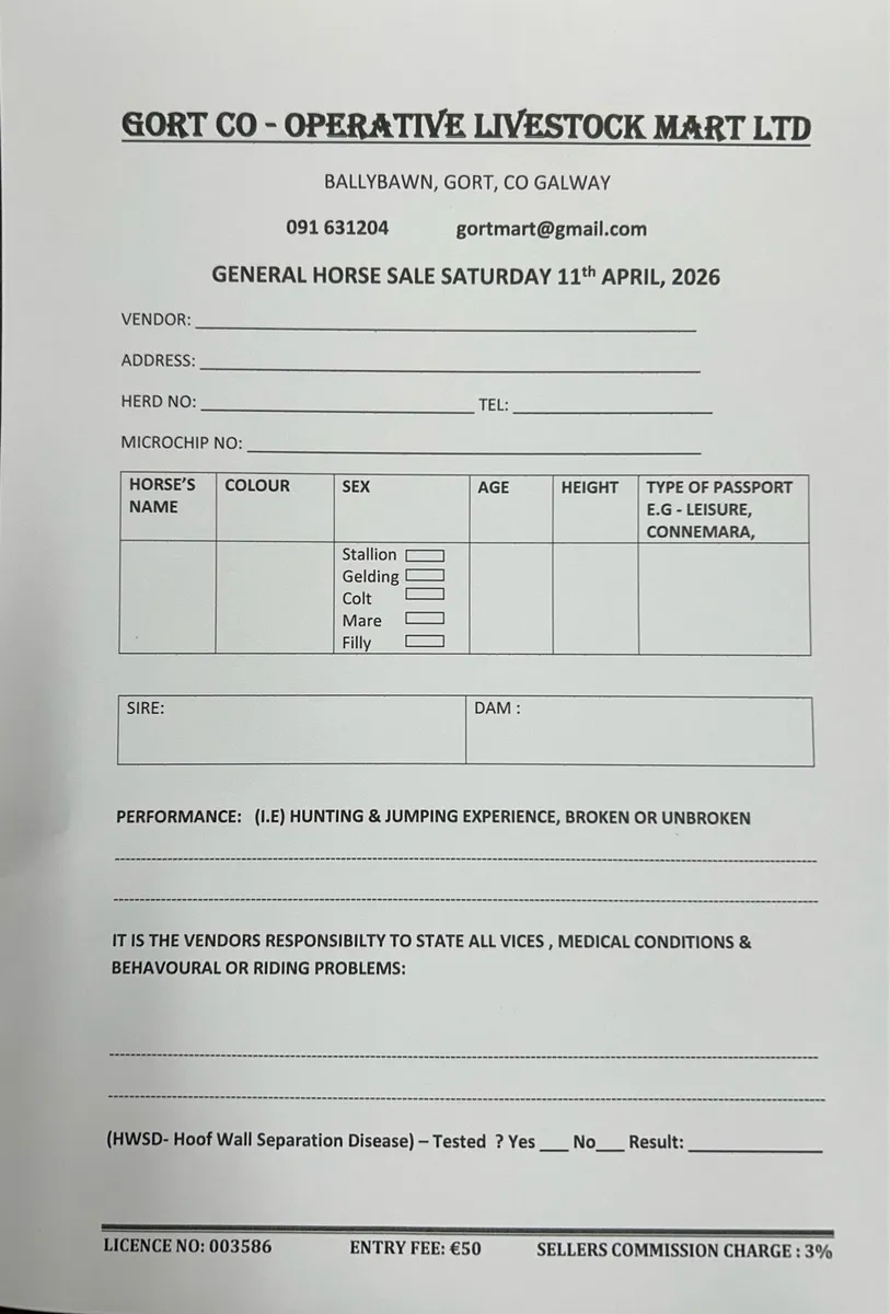 Gort Mart: Sat 11th April : Pre entry Horse sale - Image 1