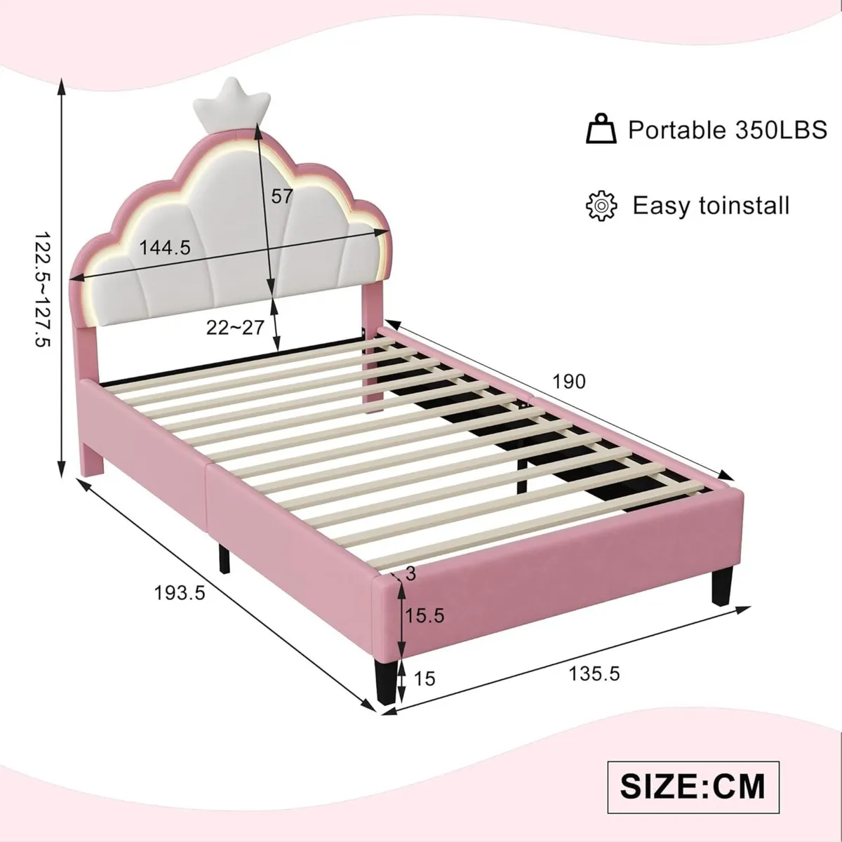Padded Bed 90 x 200 cm Princess with Adjustable - Image 2