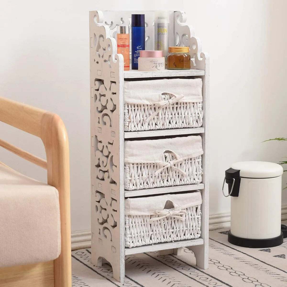 Bedside Table Chest of Drawers 3 Wicker Pine - Image 2