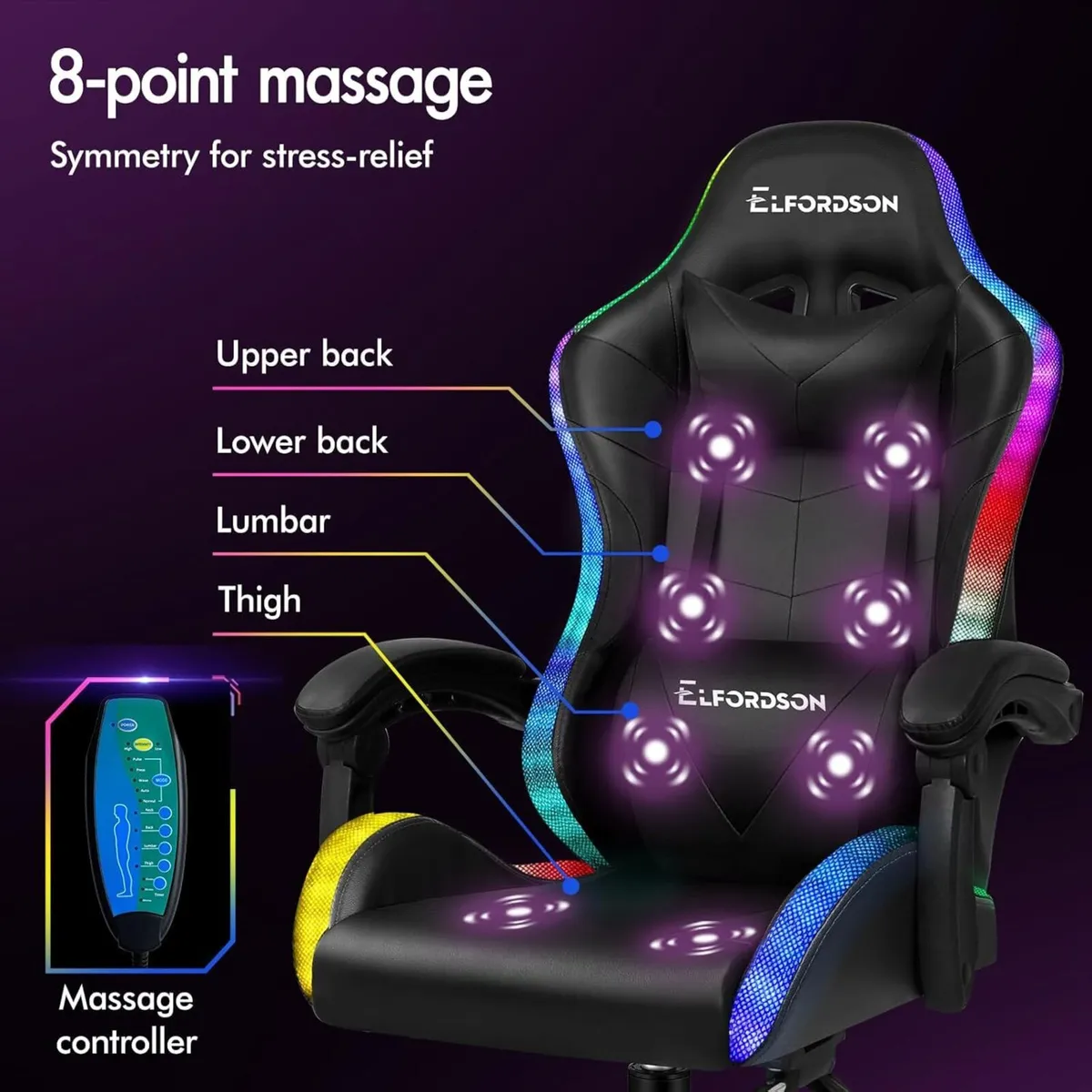 LED Gaming Chair with 8-Point Massage Ergonomic - Image 4