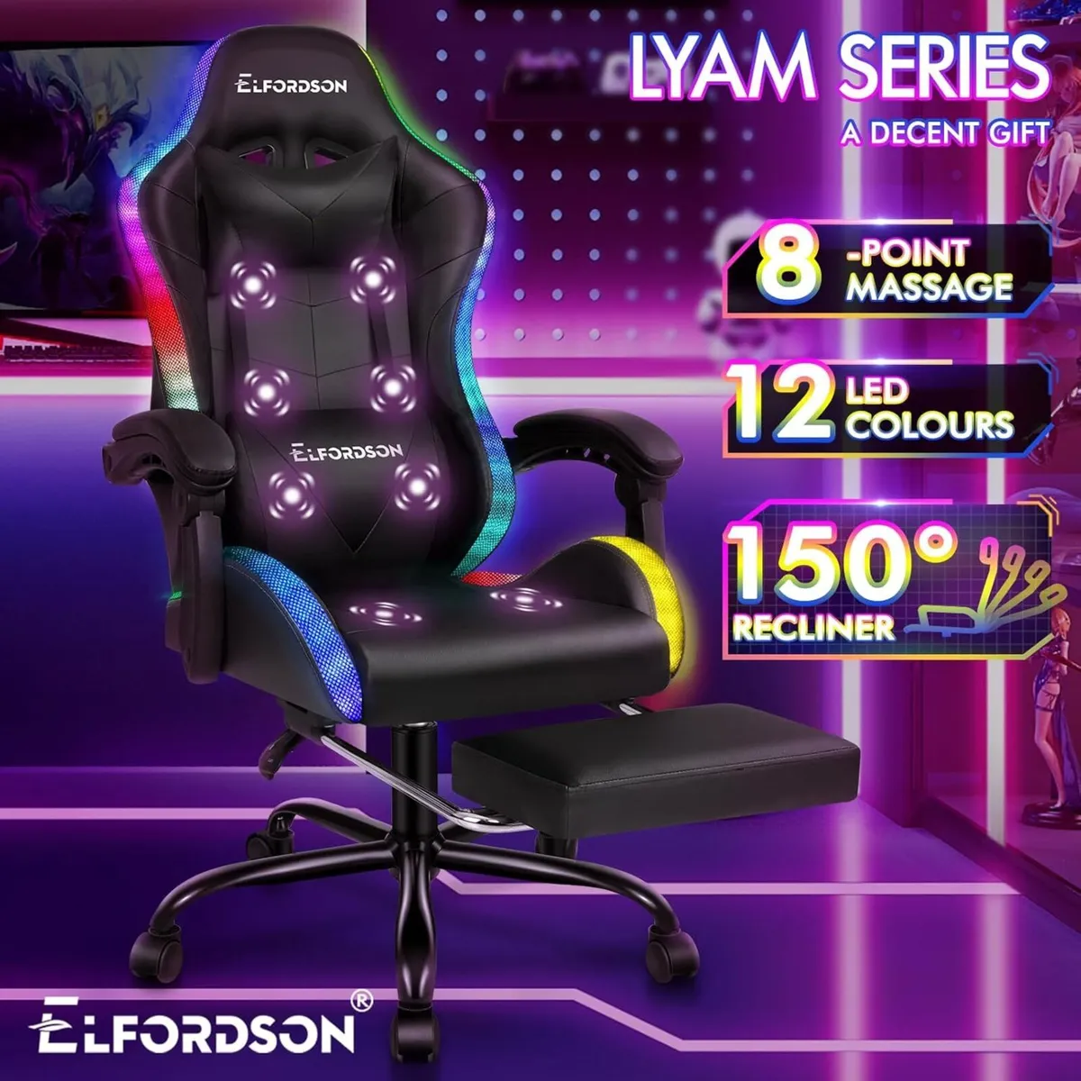 LED Gaming Chair with 8-Point Massage Ergonomic - Image 3