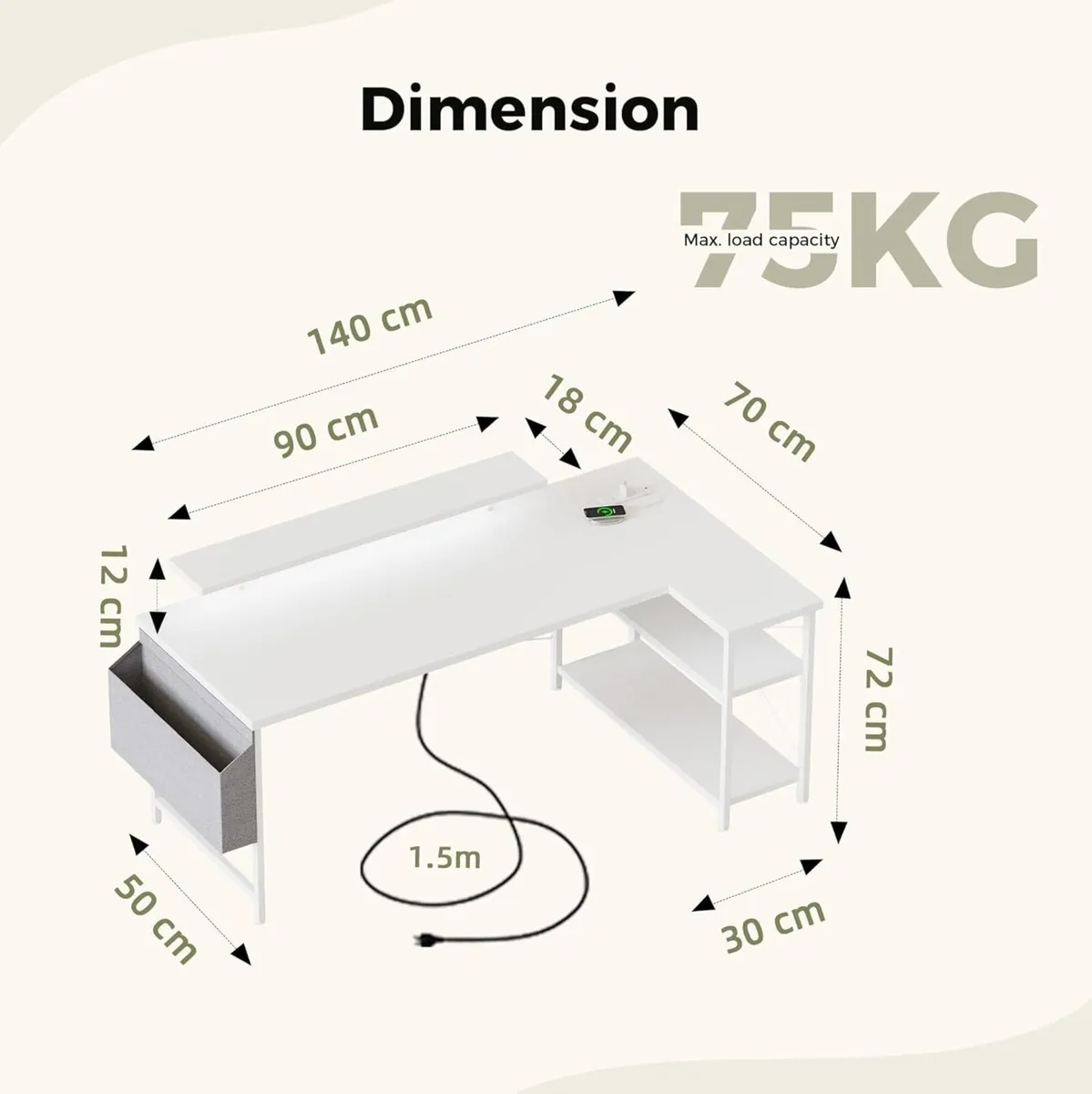 Small L-Shaped Desk with LED 140x70cm Computer - Image 2