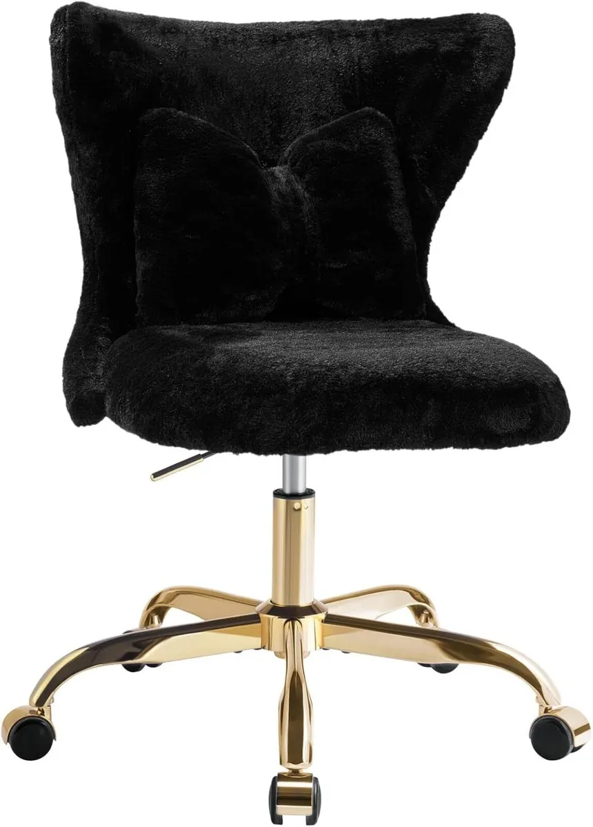 Vanity Chair with Gold Wheels Bow Pillow Fluffy - Image 1