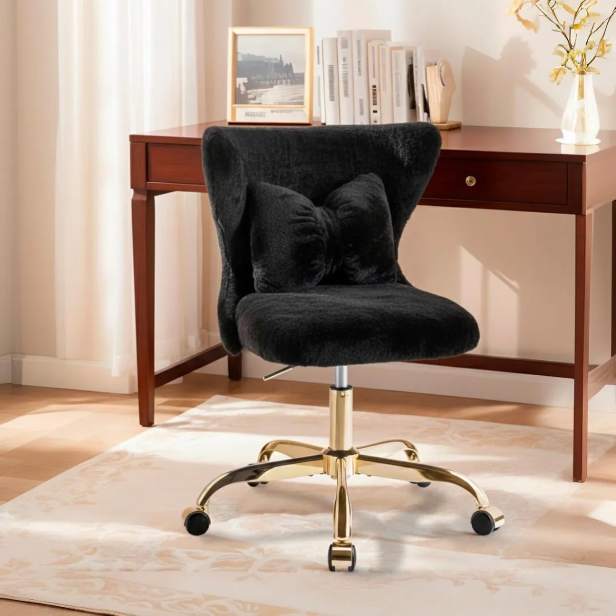 Vanity Chair with Gold Wheels Bow Pillow Fluffy - Image 2