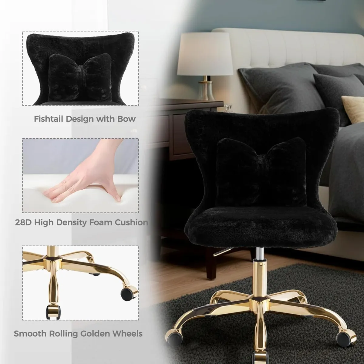 Vanity Chair with Gold Wheels Bow Pillow Fluffy - Image 4