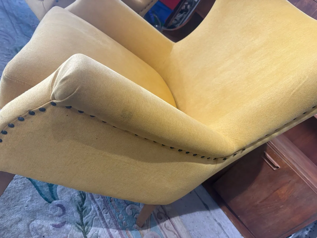 A modern mustard yellow upholstered wingbacks - Image 2