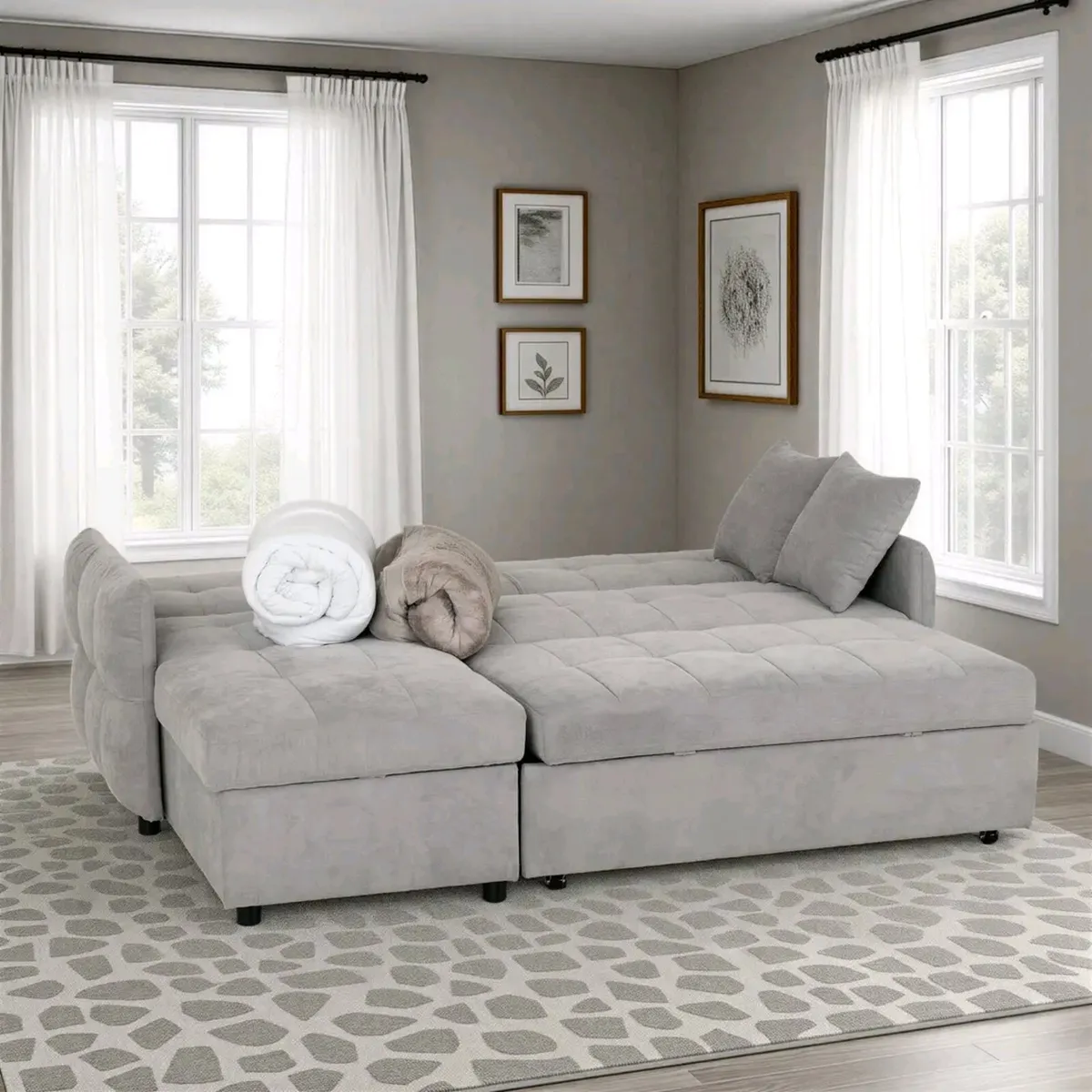 Grey Fabric L Shape Corner Sofa Bed With Storage - Image 2